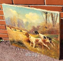 Tableau ancien signé. Chien à L' Arrêt. Peinture huile sur toile