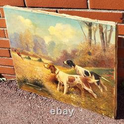 Tableau ancien signé. Chien à L' Arrêt. Peinture huile sur toile
