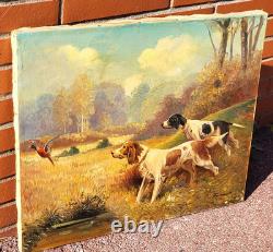 Tableau ancien signé. Chien à L' Arrêt. Peinture huile sur toile