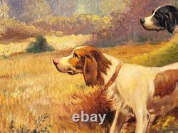 Tableau ancien signé. Chien à L' Arrêt. Peinture huile sur toile