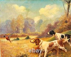 Tableau ancien signé. Chien à L' Arrêt. Peinture huile sur toile