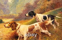Tableau ancien signé. Chien à L' Arrêt. Peinture huile sur toile