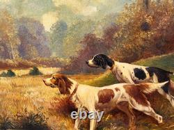 Tableau ancien signé. Chien à L' Arrêt. Peinture huile sur toile
