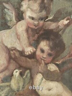 Tableau ancien signé Deux Angelots et une Colombe Peinture huile sur toile