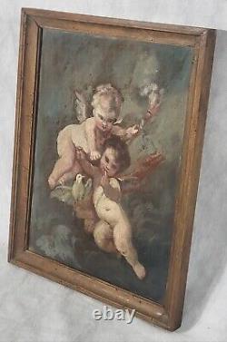 Tableau ancien signé Deux Angelots et une Colombe Peinture huile sur toile