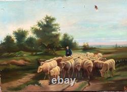 Tableau ancien signé E. P. Berger et son Troupeau. Peinture huile sur toile. A