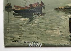 Tableau ancien signé Emile Augier, La jetée à Honfleur, Huile sur toile, XXe