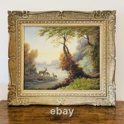 Tableau ancien signé Fleury École de Barbizon Huile sur toile Cerfs en forêt
