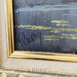 Tableau ancien signé Fleury École de Barbizon Huile sur toile Cerfs en forêt