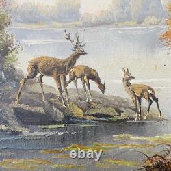Tableau ancien signé Fleury École de Barbizon Huile sur toile Cerfs en forêt
