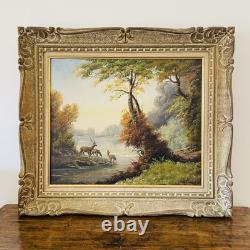 Tableau ancien signé Fleury École de Barbizon Huile sur toile Cerfs en forêt