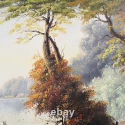 Tableau ancien signé Fleury École de Barbizon Huile sur toile Cerfs en forêt