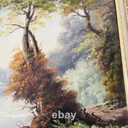 Tableau ancien signé Fleury École de Barbizon Huile sur toile Cerfs en forêt