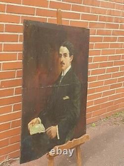Tableau ancien signé Giordani Portrait Marcel Proust. Peinture huile sur panneau