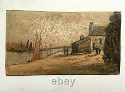 Tableau ancien signé, Huile sur carton, Bretagne, Port animé, Fin XIXe