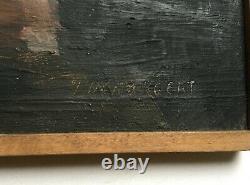 Tableau ancien signé, Huile sur panneau, Scène de maison close, XXe