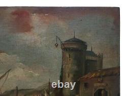 Tableau ancien signé, Huile sur panneau, Ville portuaire animée, XIXe