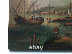 Tableau ancien signé, Huile sur panneau, Ville portuaire animée, XIXe