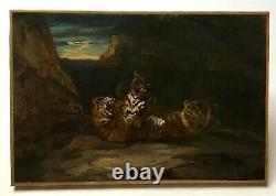 Tableau ancien signé, Huile sur toile, Jeu de tigres, XIXe