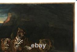 Tableau ancien signé, Huile sur toile, Jeu de tigres, XIXe
