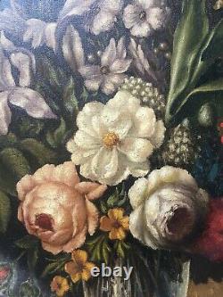 Tableau ancien signé, Huile sur toile, Nature morte, Bouquet de fleurs, XXe