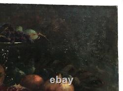 Tableau ancien signé, Huile sur toile, Nature morte aux grenades et dattes, XIXe