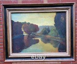 Tableau ancien signé L'Etang Couché de Soleil Peinture huile sur panneau isorel