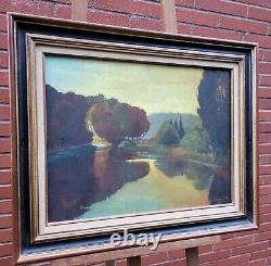 Tableau ancien signé L'Etang Couché de Soleil Peinture huile sur panneau isorel
