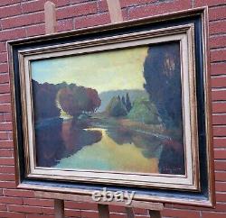 Tableau ancien signé L'Etang Couché de Soleil Peinture huile sur panneau isorel