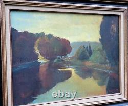 Tableau ancien signé L'Etang Couché de Soleil Peinture huile sur panneau isorel