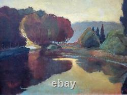 Tableau ancien signé L'Etang Couché de Soleil Peinture huile sur panneau isorel