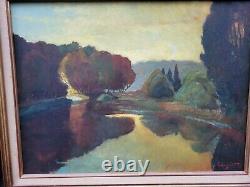 Tableau ancien signé L'Etang Couché de Soleil Peinture huile sur panneau isorel
