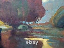 Tableau ancien signé L'Etang Couché de Soleil Peinture huile sur panneau isorel