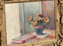 Tableau ancien signé L TRICON 1918 Bouquet de Fleurs Peinture huile sur toile