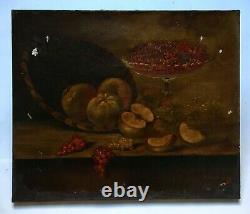 Tableau ancien signé, Nature morte aux fruits, Huile sur toile à restaurer, XIXe