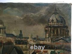 Tableau ancien signé, Panthéon et toits de Paris, Huile sur toile, Début XXe