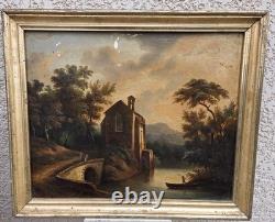 Tableau ancien signé. Paysage Animé. Peinture huile sur toile Style XIXe