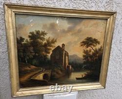 Tableau ancien signé. Paysage Animé. Peinture huile sur toile Style XIXe