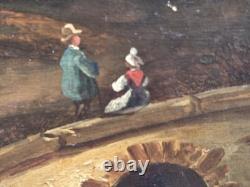 Tableau ancien signé. Paysage Animé. Peinture huile sur toile Style XIXe