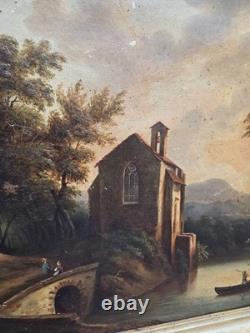 Tableau ancien signé. Paysage Animé. Peinture huile sur toile Style XIXe
