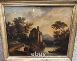 Tableau ancien signé. Paysage Animé. Peinture huile sur toile Style XIXe