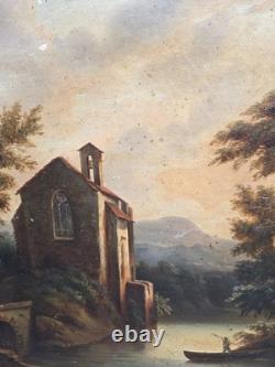 Tableau ancien signé. Paysage Animé. Peinture huile sur toile Style XIXe