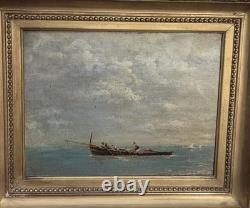 Tableau ancien signé. Paysage Marin Animé Voiliers. Peinture huile sur toile