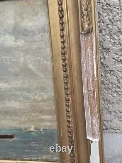 Tableau ancien signé. Paysage Marin Animé Voiliers. Peinture huile sur toile
