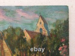 Tableau ancien signé, Paysage à l'église, Huile sur panneau, Peinture, Début XXe