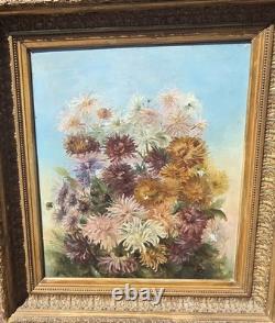 Tableau ancien signé Peinture huile sur toile 1896 Bouquet de chrysanthèmes