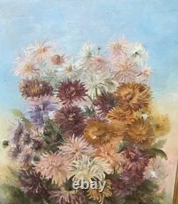 Tableau ancien signé Peinture huile sur toile 1896 Bouquet de chrysanthèmes