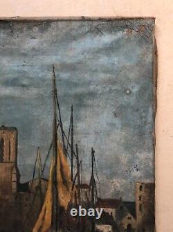 Tableau ancien signé, Port animé, Huile sur toile à restaurer, Début XXe