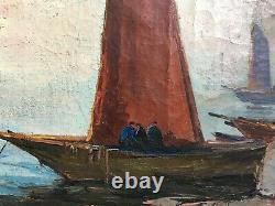 Tableau ancien signé, Port breton animé, Huile sur toile, Peinture, Début XXe