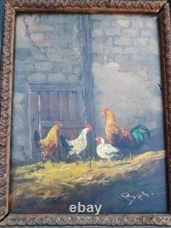 Tableau ancien signé. Scène de Basse Cour Poules Coq. Huile sur Panneau